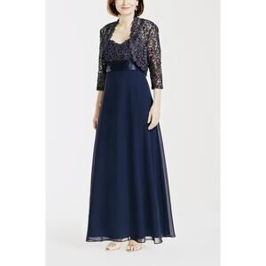R&M Richards Long Sleeve Metallic Lace Jacket Dress STYLE# 3726 Navy Size 14